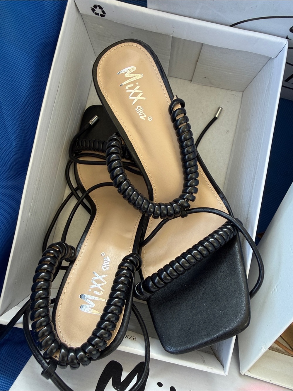Mixx Shuz Black Coiled Strappy Lace-Up Heels